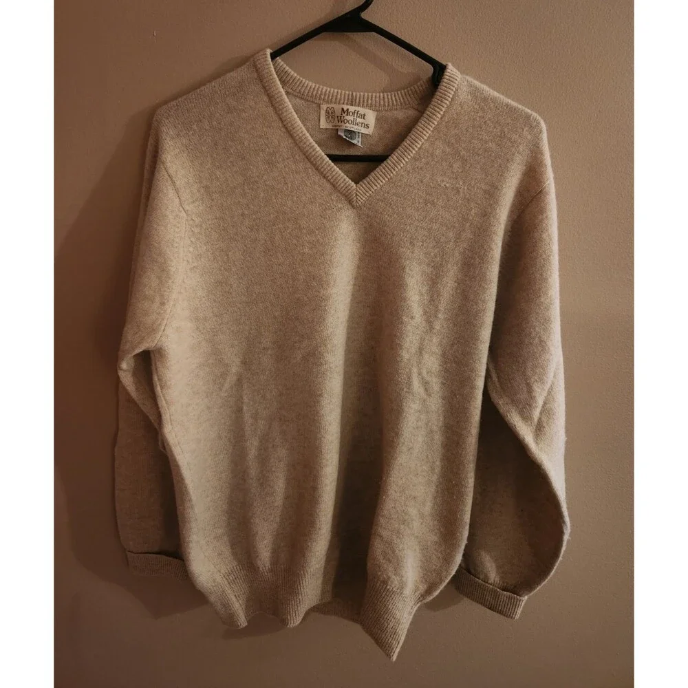 Vintage Moffat Woollens Scotland Pure New Wool Sweater Beige Repaired Size S?